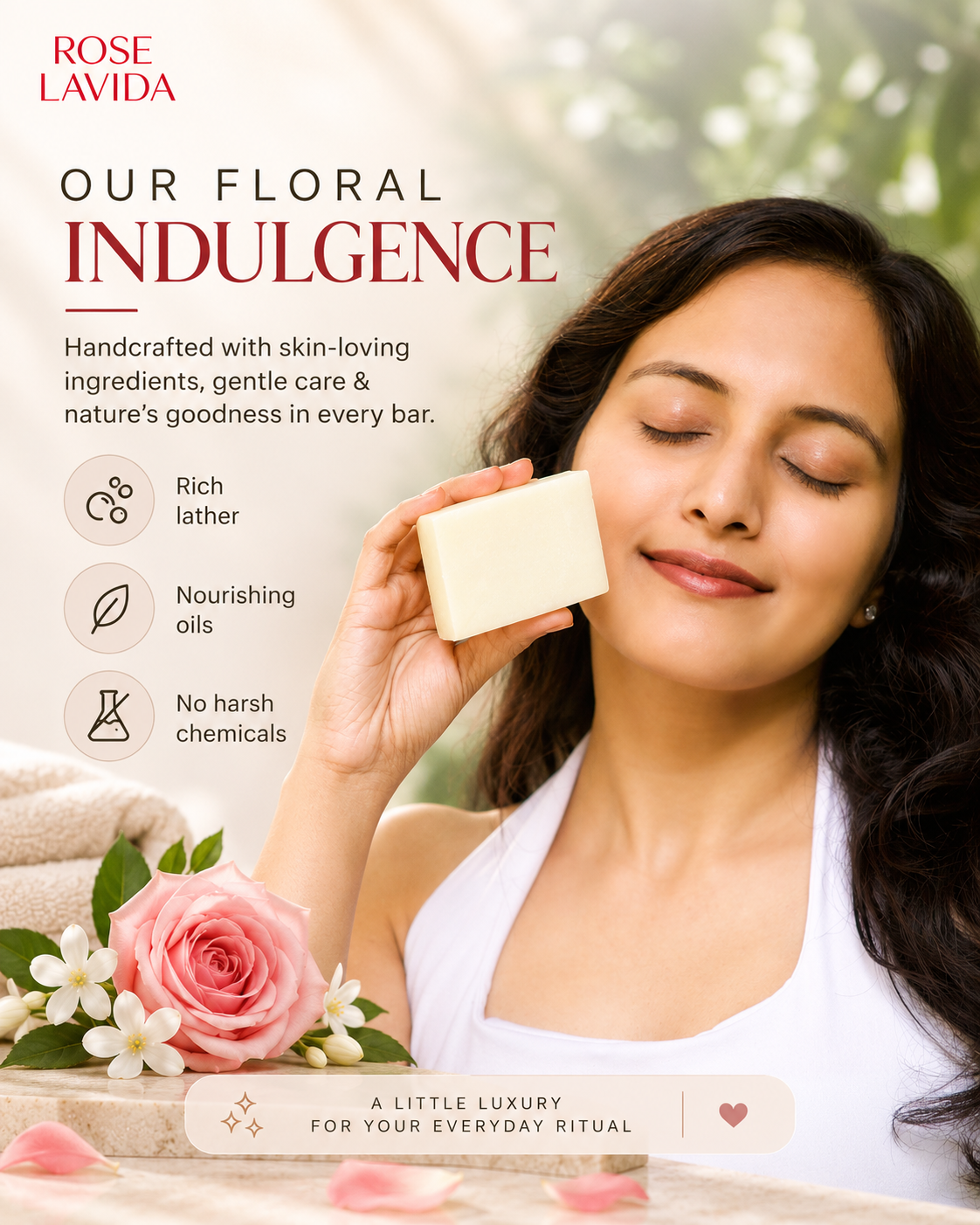 Rose Lavida Floral Indulgence - Rose & Jasmine Luxury Bathing Bar, 75g