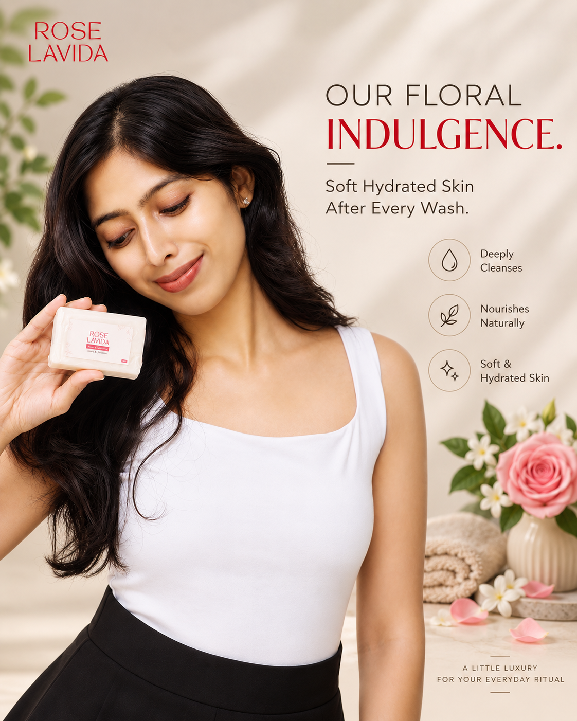 Rose Lavida Floral Indulgence - Rose & Jasmine Luxury Bathing Bar, 75g