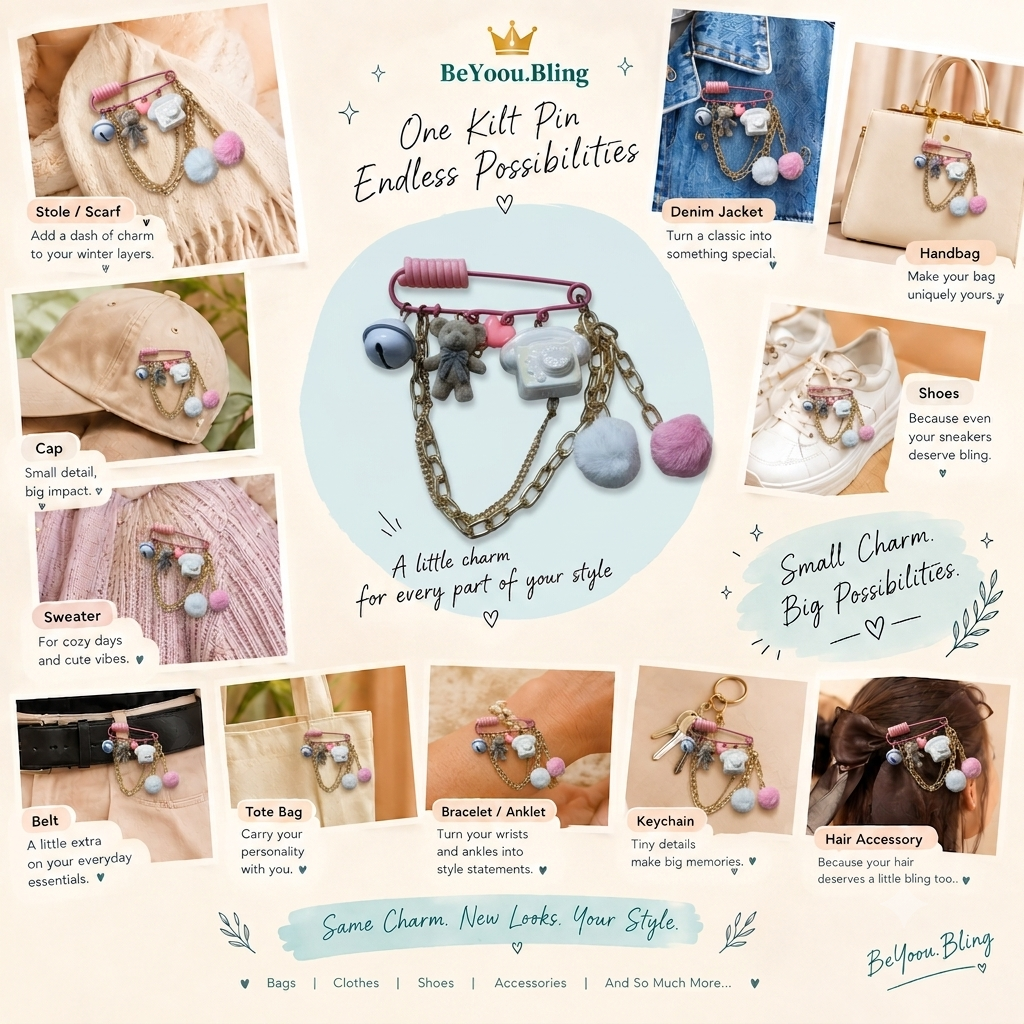 BeYoou.Bling kawaii Handcrafted Cute Teddy Bear & Retro Telephone Safety Pin Brooch/Kilt Pin