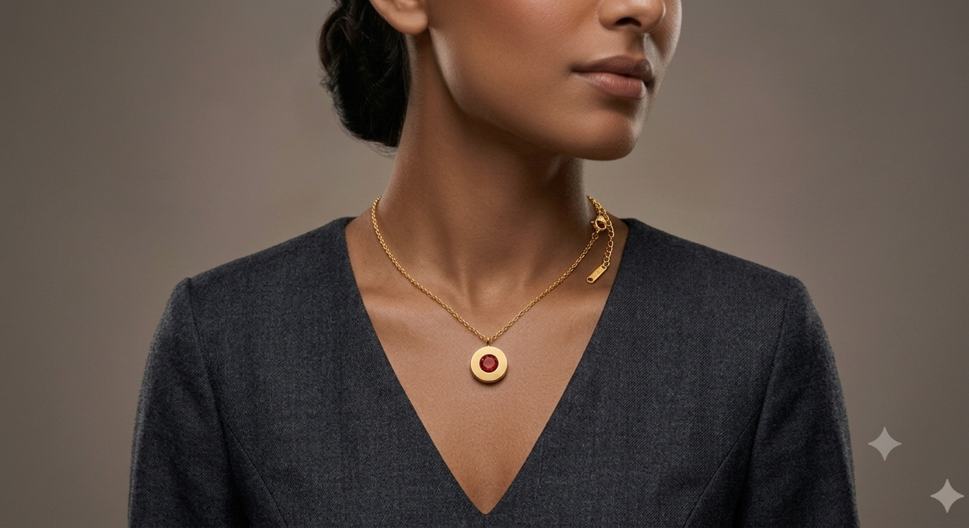 BeYoou.Bling Anti-Tarnish Waterproof Stainless Steel Roman Numeral Red Stone Necklace