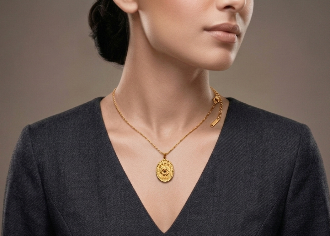 BeYoou.Bling Vintage Gold Oval Evil Eye Medallion Pendant Necklace (46cm Chain)