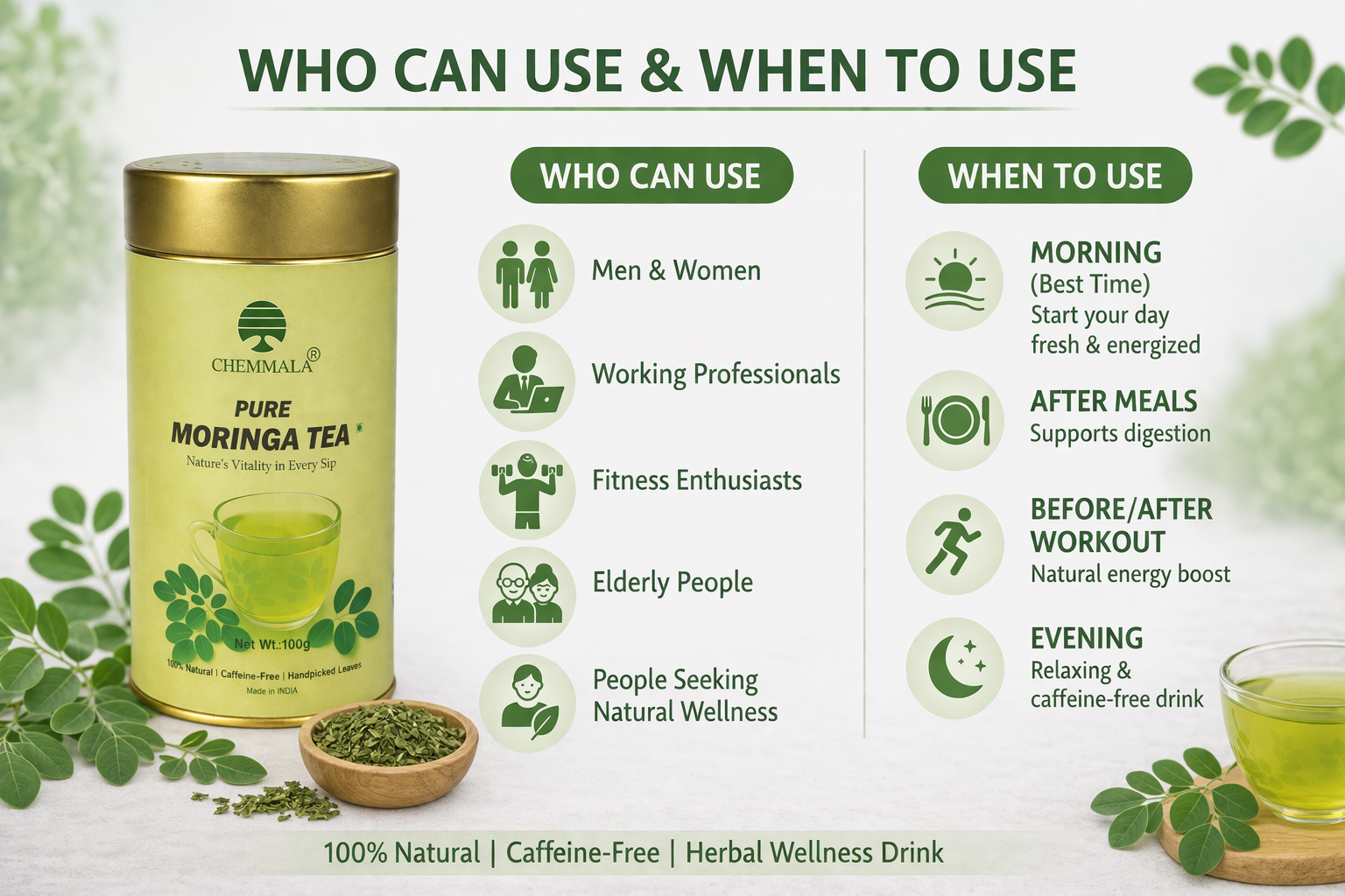 Chemmala Pure Moringa Tea | 100% Natural Herbal Tea | Rich in Antioxidants | Caffeine-Free Wellness Drink | 100g