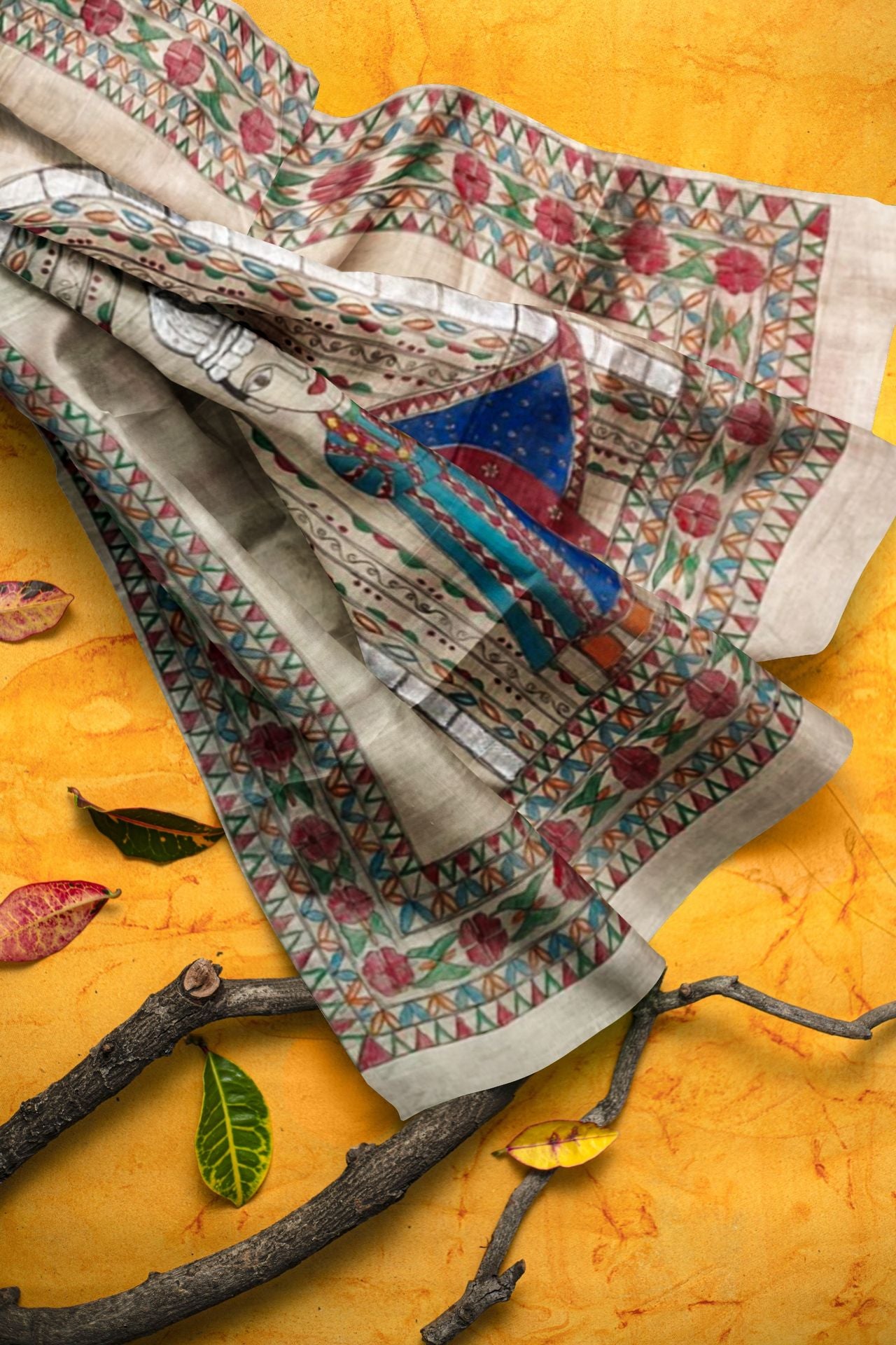 Warli Hand Painted Beige Tussar Silk Saree