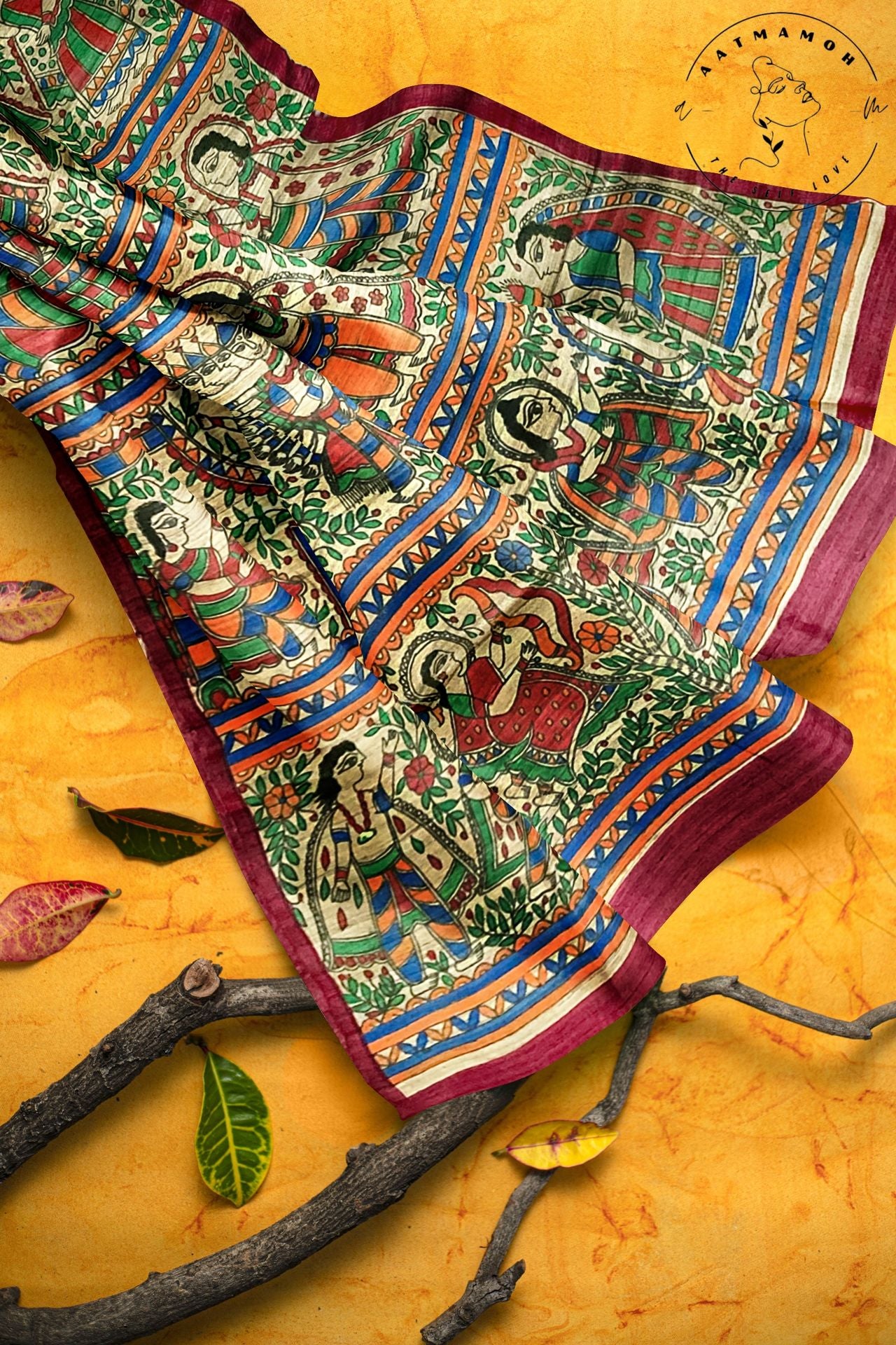 Maroon Hand Painted Madhubani Tussar silk saree - hfnl!fe