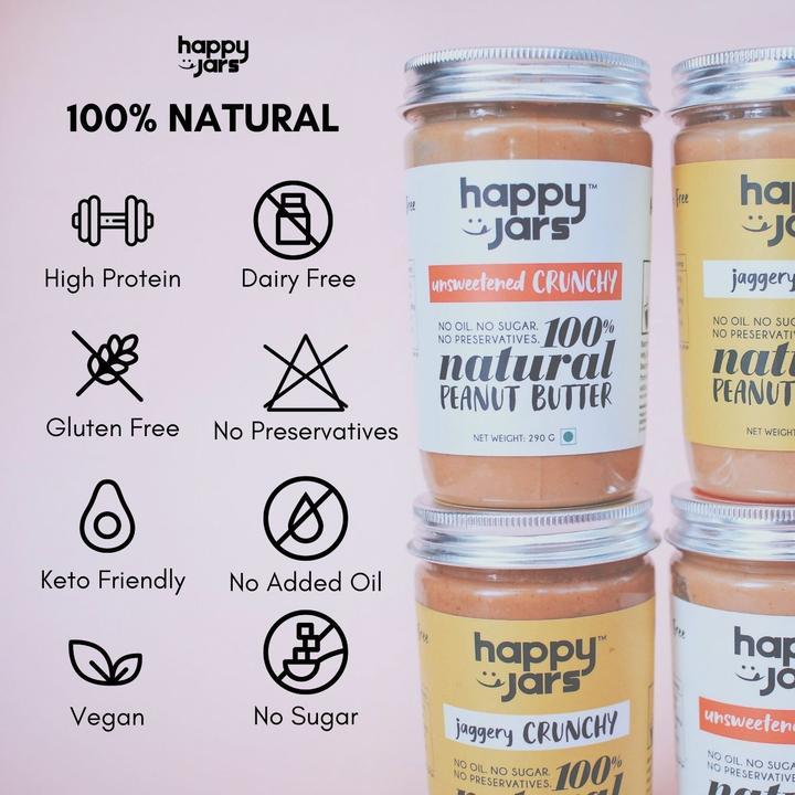 Happy Jars Unsweetened Creamy Peanut Butter (290g), 10g protein - hfnl!fe