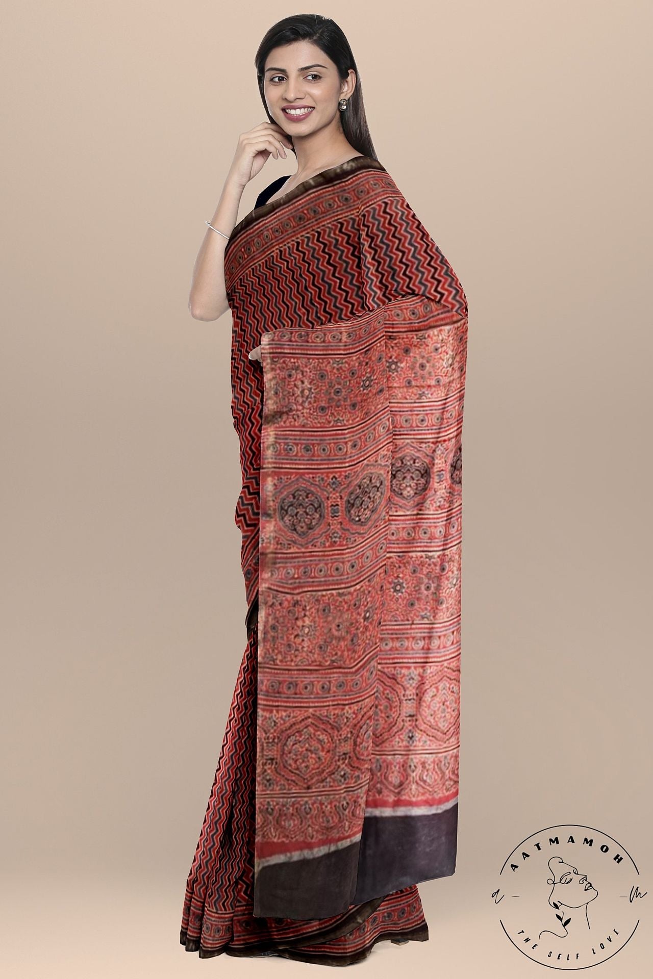 Traditional colors zig zag Ajrakh cotton silk saree - hfnl!fe