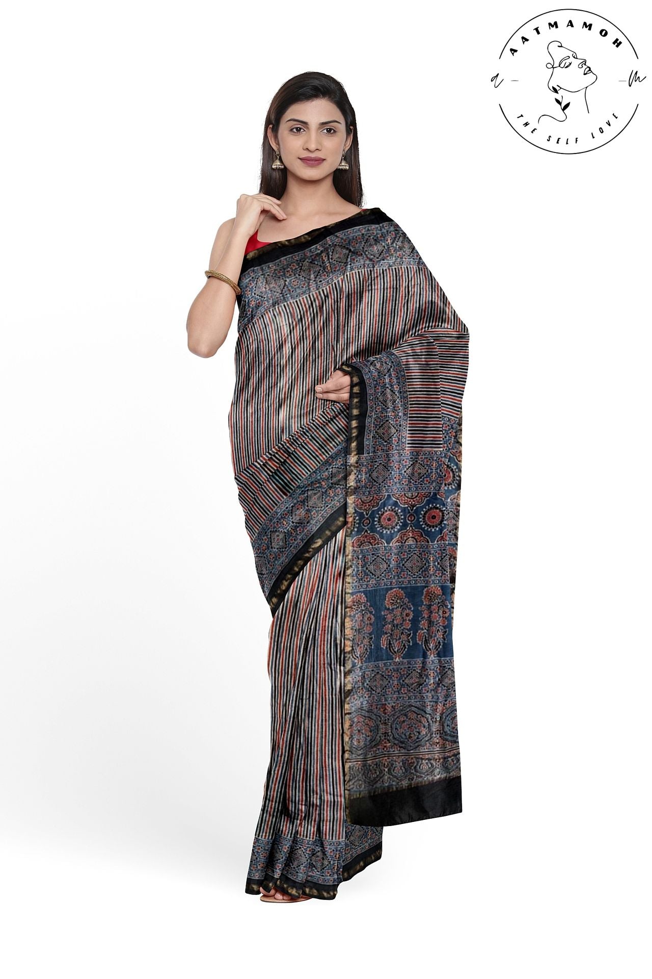 Traditional colors stripe Ajrakh cotton silk saree - hfnl!fe