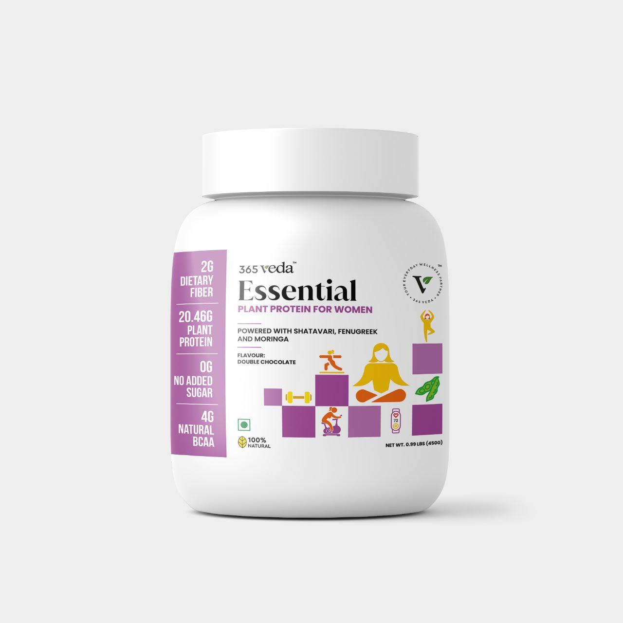 365veda Essential Protein for Women | 100% Vegan | Double Chocolate Flavour | 450G