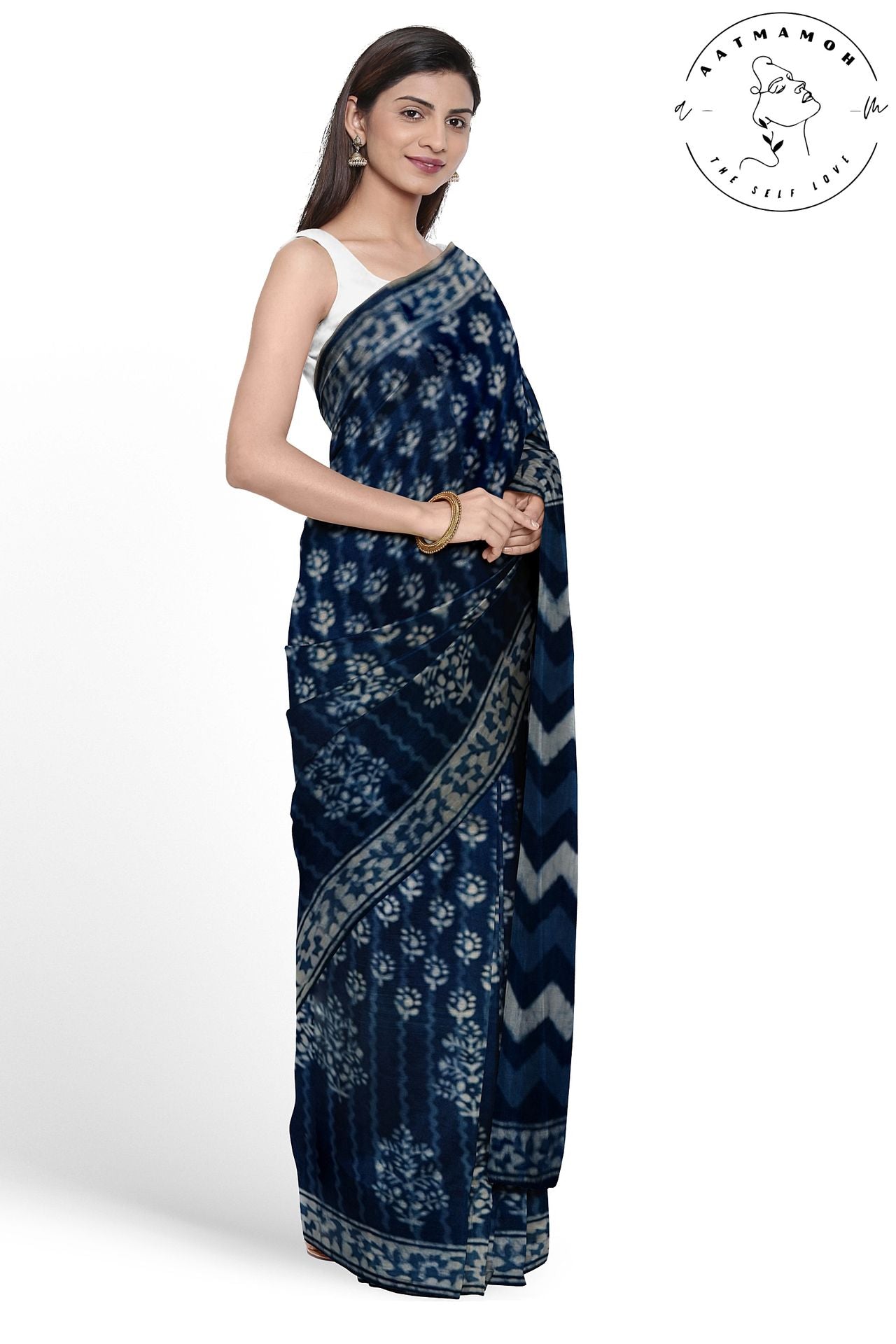 Indigo Floral hand block printed Cotton Saree - hfnl!fe