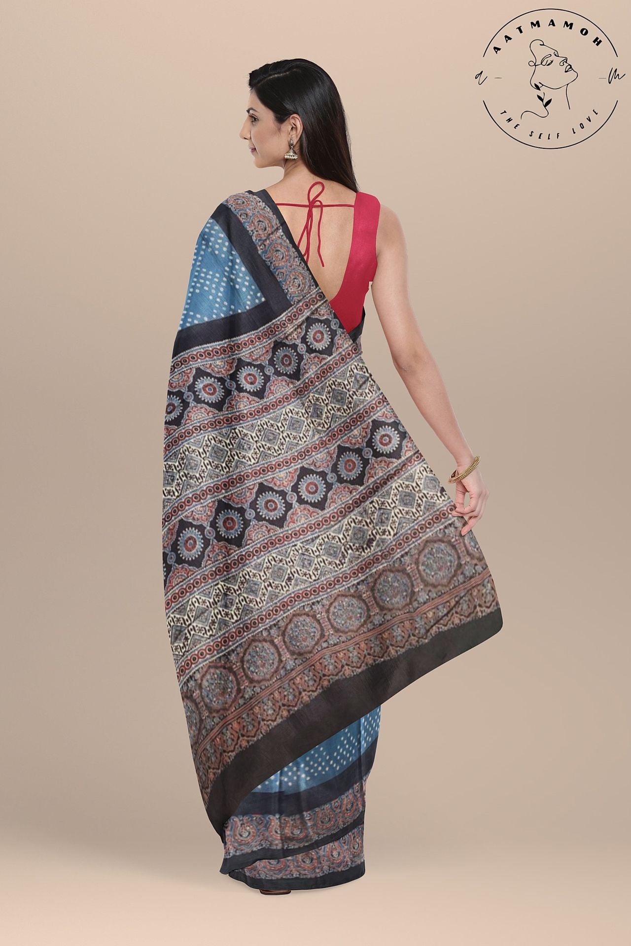 Sky Blue Bandni Ajrakh Modal saree - hfnl!fe
