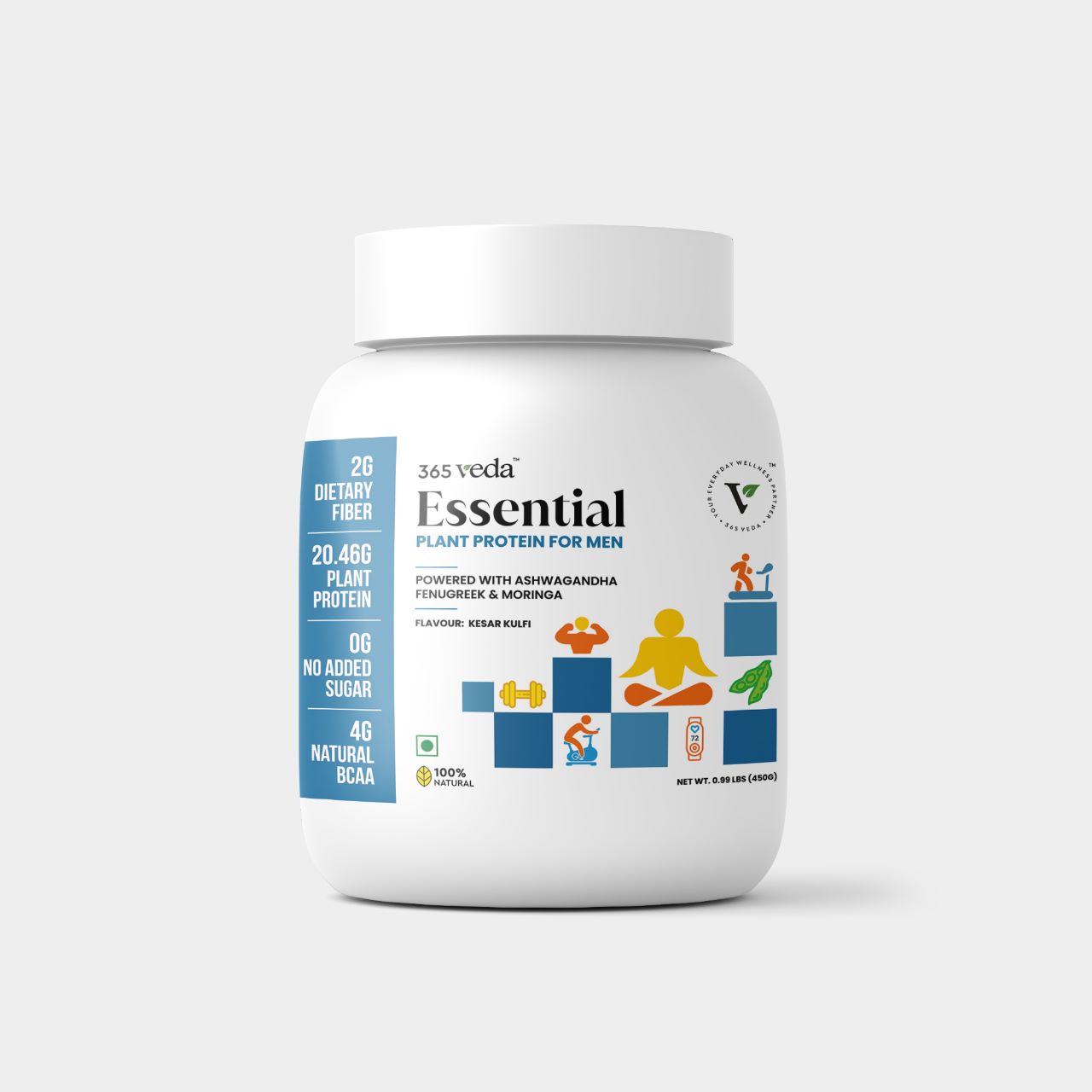 365veda Essential Protein for Men | 100% Vegan | Kesar Kulfi Flavour | 450G