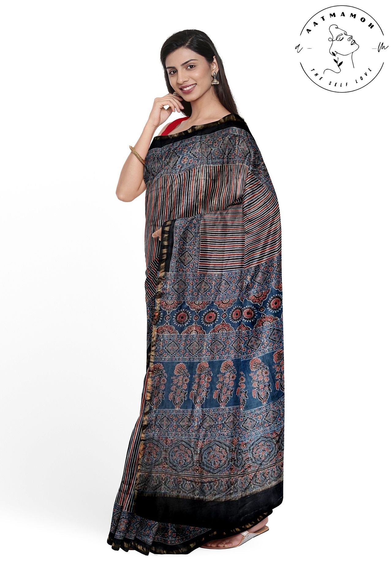 Traditional colors stripe Ajrakh cotton silk saree - hfnl!fe