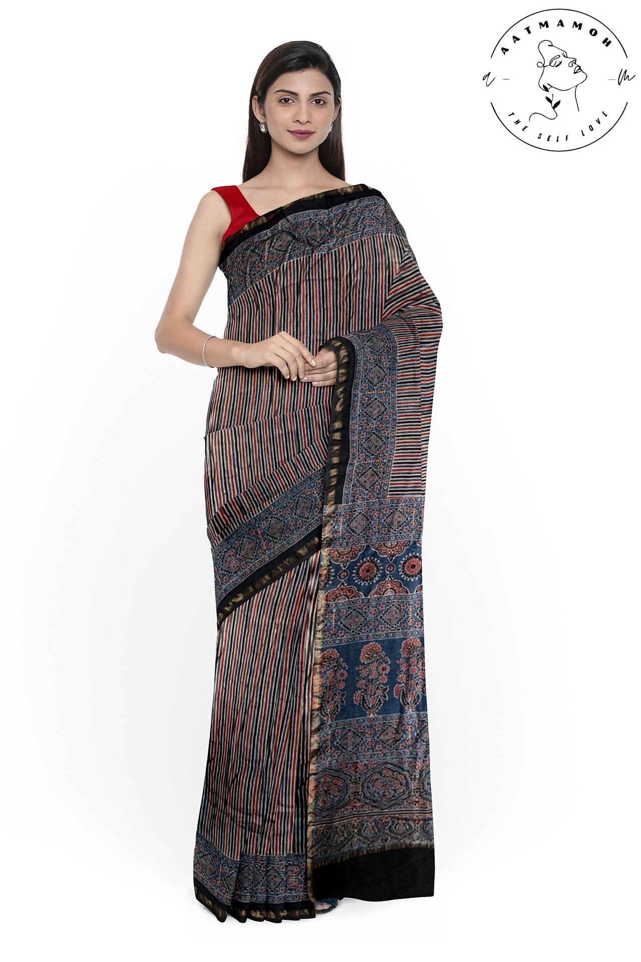 Traditional colors stripe Ajrakh cotton silk saree - hfnl!fe