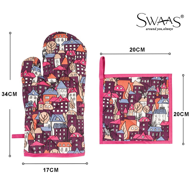 Swaas 100% Cotton Building Blocks Printed Apron, Oven Mitt and Pot Holder - 3 Pcs Set - hfnl!fe