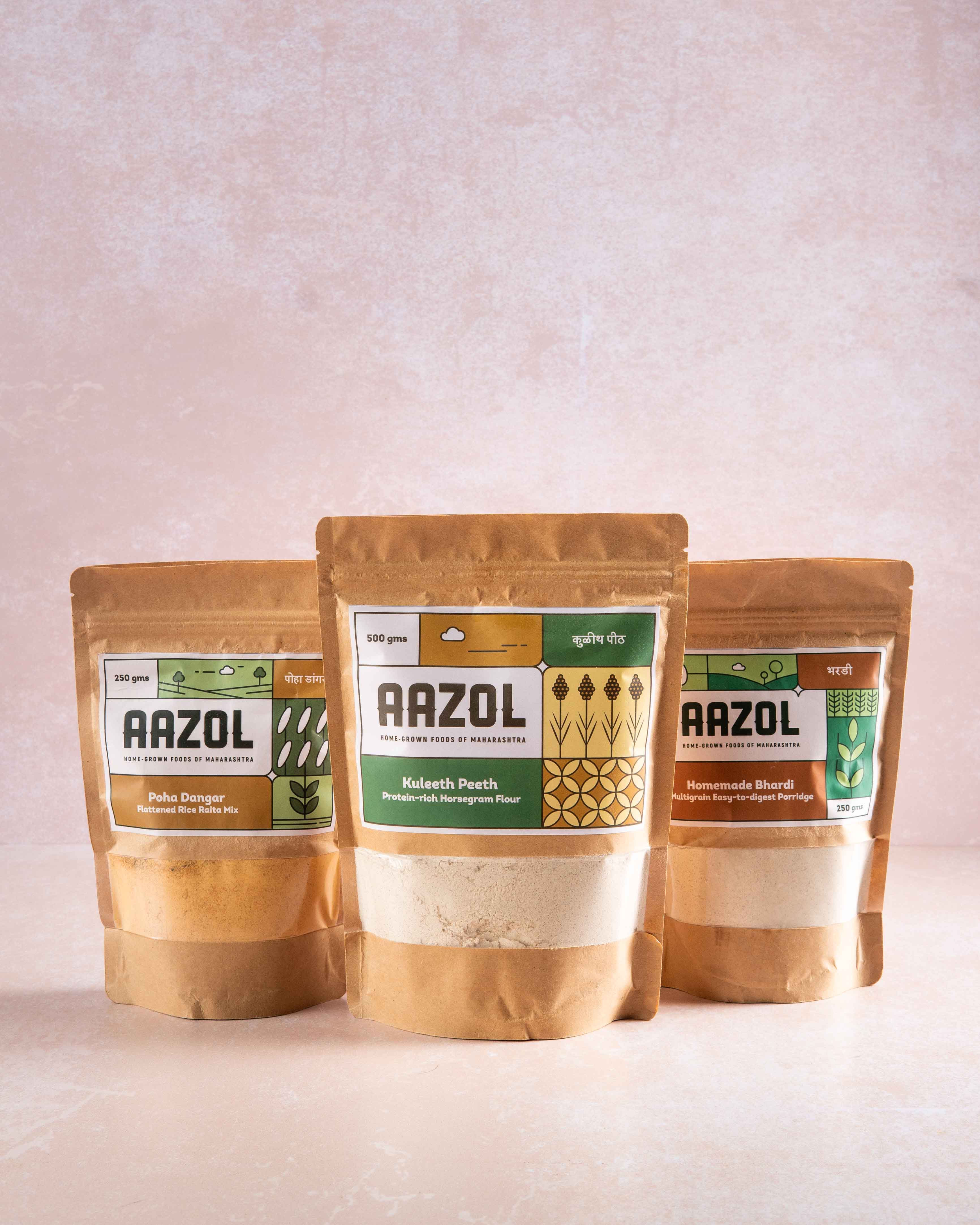 Aazol Hidden Maharashtrain Gems (Horsegram Flour: Protein Rich Superfood + Poha Dangar: Raita Mix + Bhardi: Traditional Baby Porridge) - 1000g - hfnl!fe