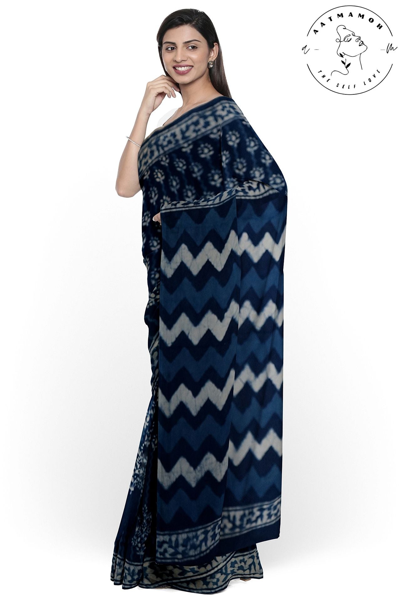 Indigo Floral hand block printed Cotton Saree - hfnl!fe