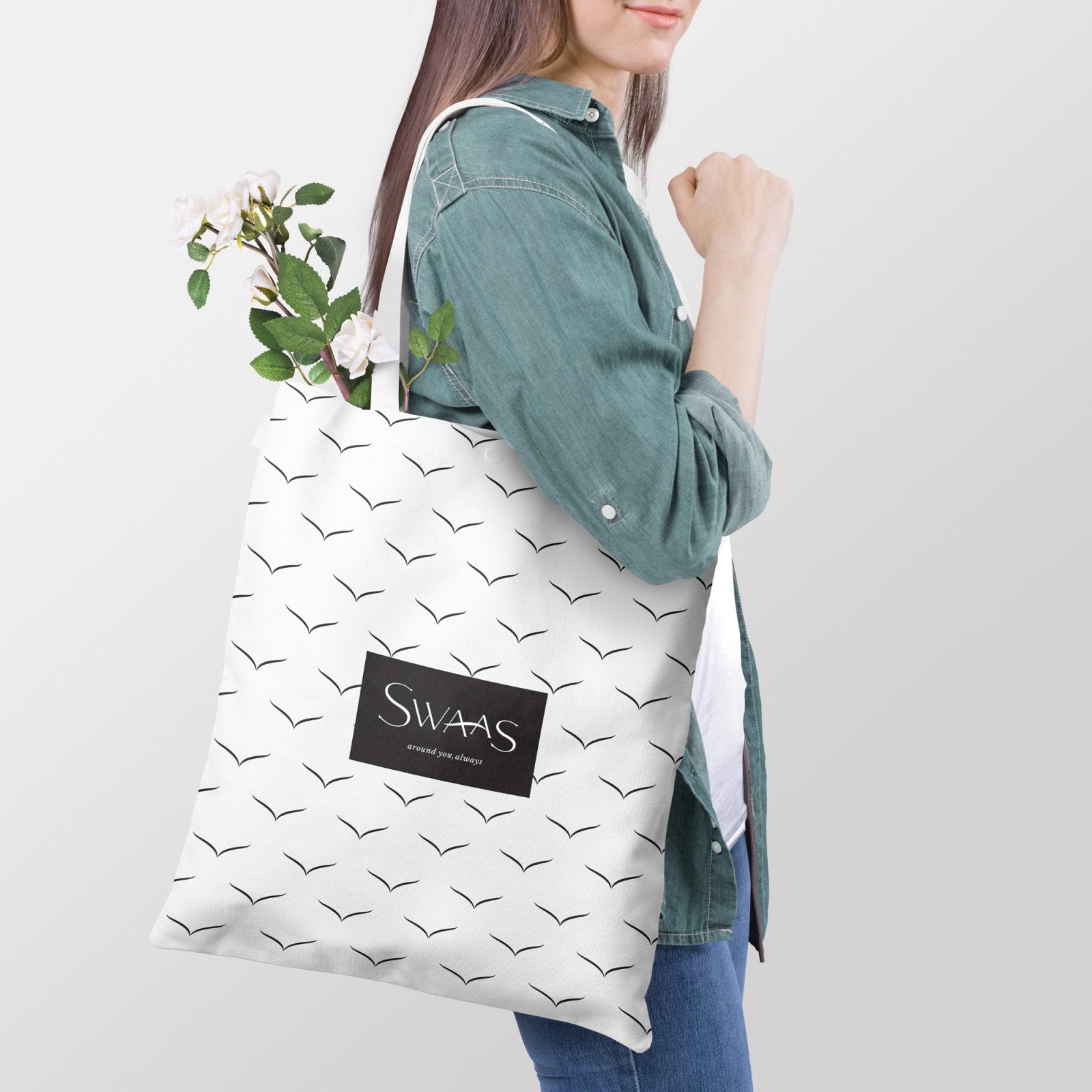Swaas 100% Cotton Splash-Proof White/Black Tote Bag for Women - hfnl!fe